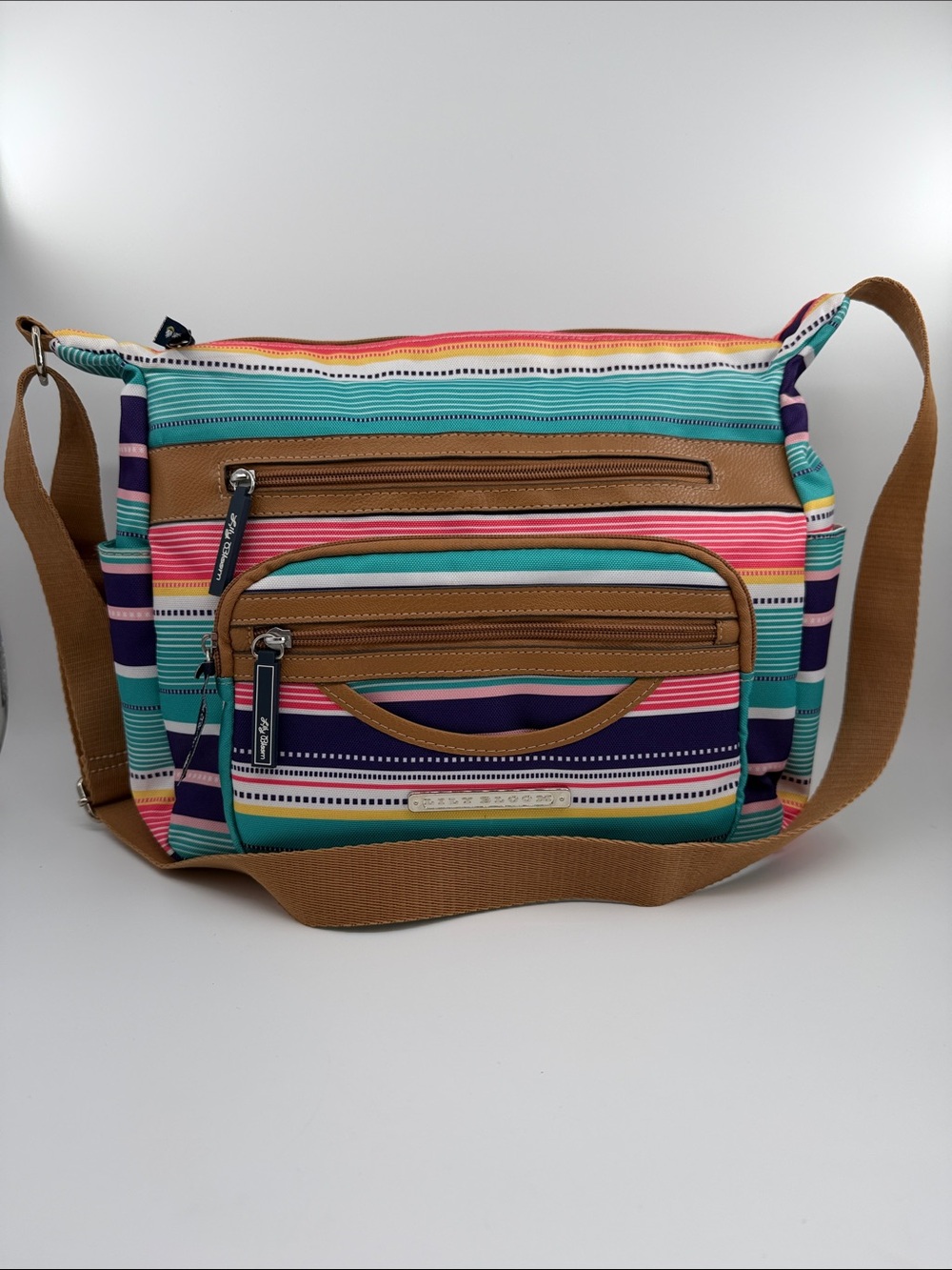 Lily Bloom Teal, Pink and Navy Striped Crossbody with Brown Trim